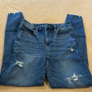 American Eagle Outfitters Dark Blue Distressed Straight Leg Jeans